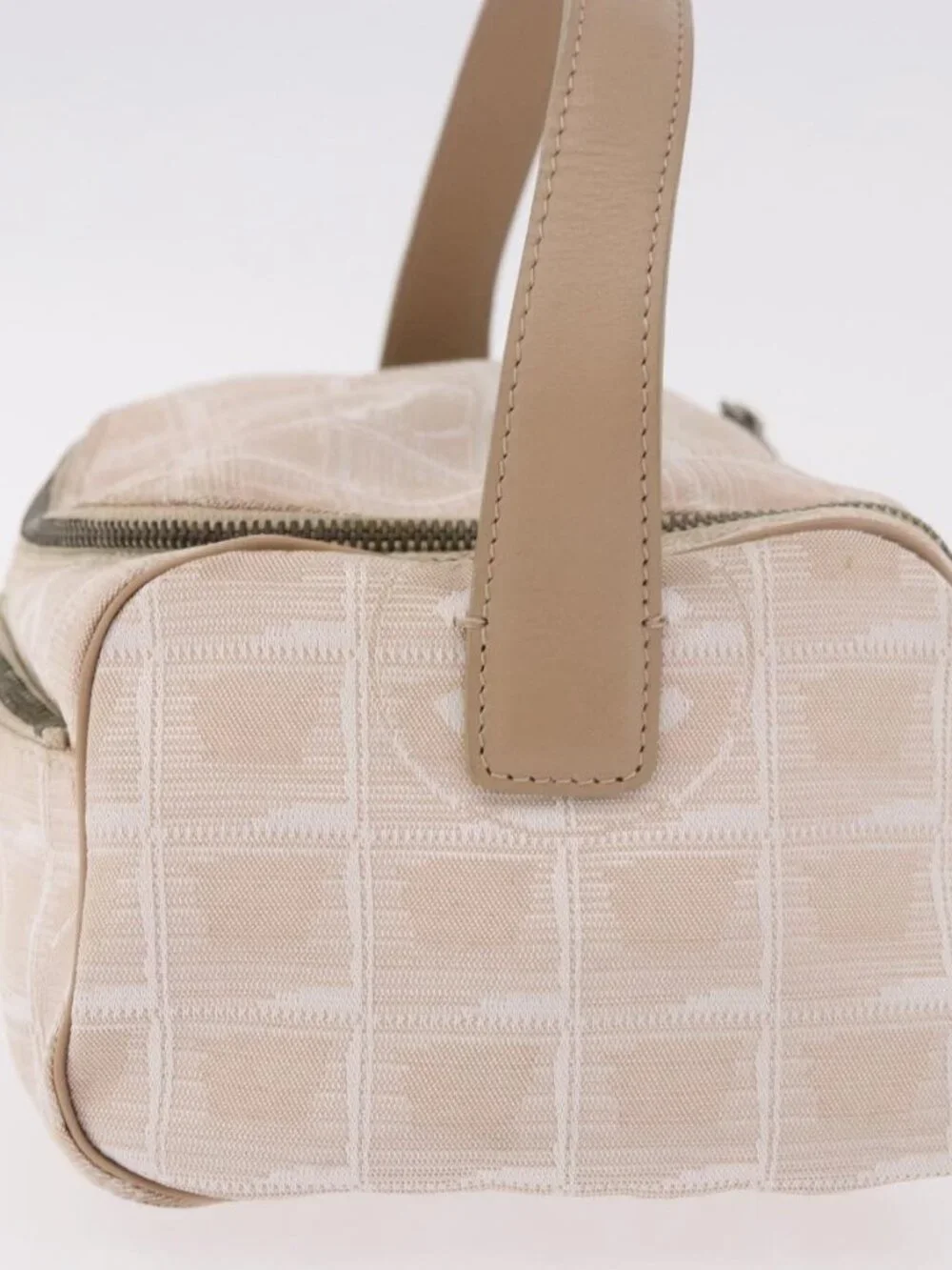 CHANEL New Travel Line Hand Bag Canvas Beige Silver CC Auth 183877
